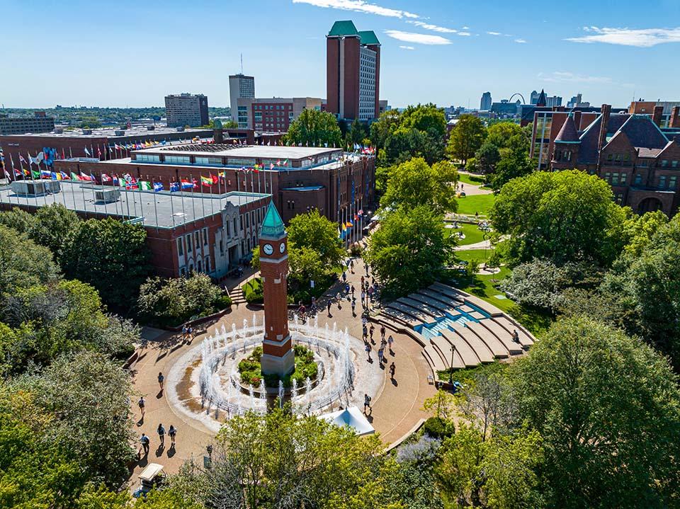 An aerial photo of North campus, featuring the Clock Tower. 